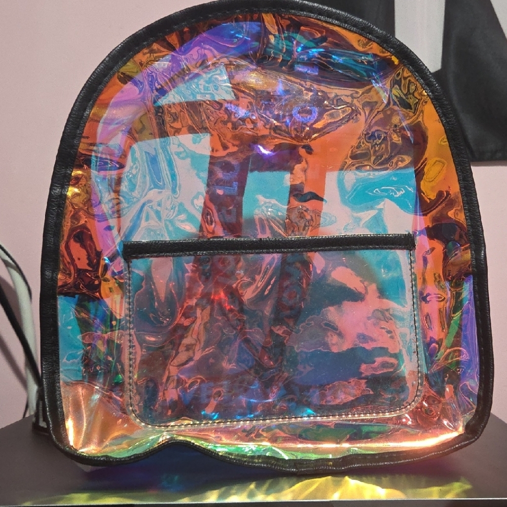 #18 - Holographic Clear Backpack - Multi Color. Only Missing Ribbon On Zipper